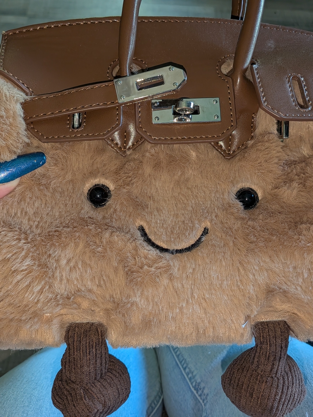 Source Unknown Brown Faux Fur Tote with Smiley Face and Leather-Look Trim